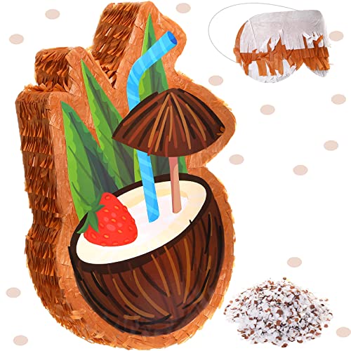 Sratte Small Coconut piñata with Stick and Blindfold Confetti Summer piñata Hawaiian Birthday Decor Brown Coconut piñata for Kids Birthday Party Supplies Baby Shower 16 x 11.4 x 3 Inch