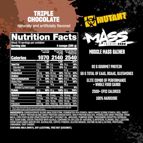 Image of Mutant Mass Extreme 2500 - High Calorie Mass Gainer Whey Protein Powder with Whole Food Carbs - Muscle Building & Weight Gain for Extreme Hard Gainers - Triple Chocolate 6 lbs