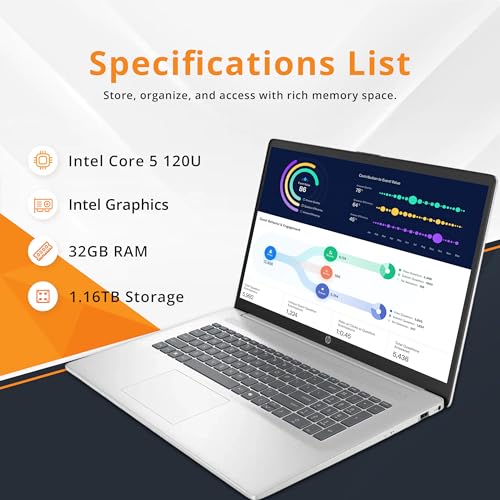 Image of HP 17.3 inch HD+ Touchscreen Laptop, Intel Core 5 120U, 32GB DDR4, 1.16TB Storage (1TB SSD+160GB Docking Station Set), Intel Graphics, 720p HD Camera, Wi-Fi 6, Win 11 Pro, Silver