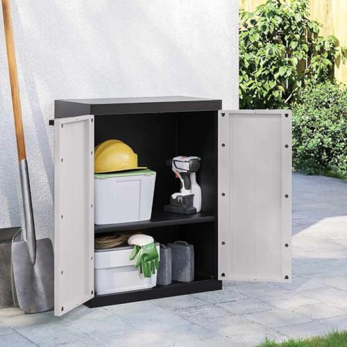 Mokuyary Armario de almacenamiento exterior gris y negro 65 x 37 x 85 cm gabinete de almacenamiento PP, armario de almacenamiento para documentos de oficina, oficina en casa, cocina, sala de estar