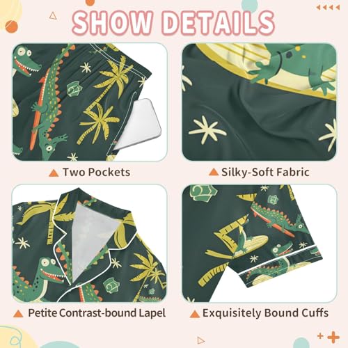senya Crocodile Surfer Cartoon Satin Summer Pajama Sets Silk Short Sleeve Button Down Sleepwear3