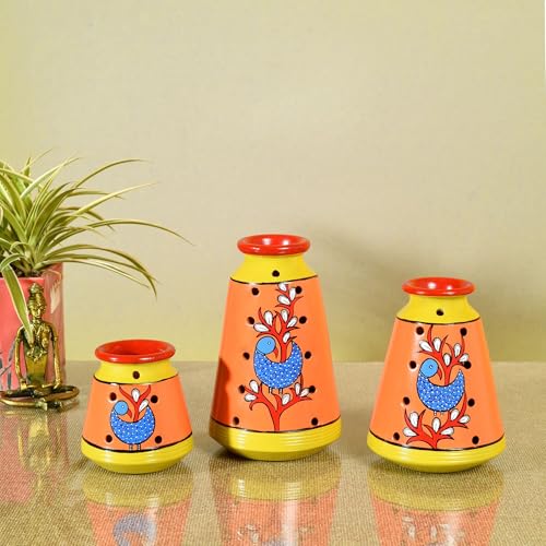 Image of Aakriti Art Creations Dancing Peacock Terracotta Vase Set of 3 | Handmade Multicolor Madhubani Art Flower Vases | Matte Finish Decorative Vases for Living Room, Table Decor & Gifting