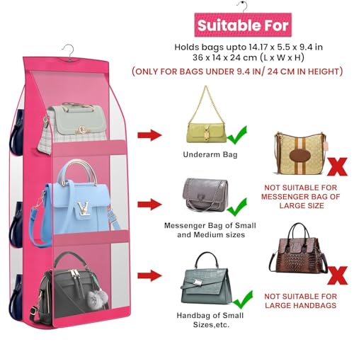 Image of Hanging Handbag Purse Organizer, Upgrade Dust Proof Purse Organizer Closet, Wardrobe Closet Organizer, Washable Handbag Organizer for Women Handbags Purse (6 Pocket 1 Pcs Pink)