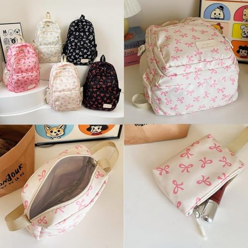 3PCS Set Bow Backpack for Girls, Cute Kawaii Backpacks Set Large Capacity With Crossbody Bag And Wallet (Pink)3