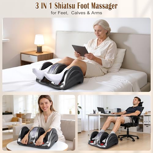 Image of Foot Massager with Heat, Shiatsu Foot Massager for Circulation and Pain Relief and Heat Therapy, Ankle, Calves and Feet Massage with Deep Kneading Rolling, Gifts for Women Men Mother Father, GREY