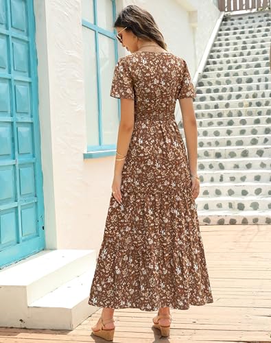 Zattcas Womens 2025 Long Summer Dress Short Flutter Sleeve V Neck Casual Smocked Tiered Modest Floral Boho Maxi Dress3
