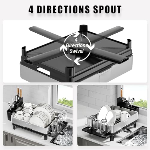 Image of Ewaiira Dish Drying Rack, 304 Stainless Steel Dish Racks for Kitchen Counter, Dish Drainers with Automatic Drainage, Utensil Holder & Cups Holder, Space Saving Kitchen Organizer, Black