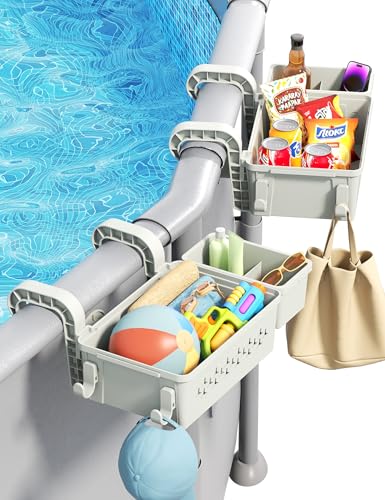 [PATENTED] POOLHACKER 2026 Upgrade 2 Sets Poolside Storage Basket - Original Above Ground Pool Accessories Swimming Pool Storage Basket with Pool Cup Holder Poolside Storage to Organize Cup Towel
