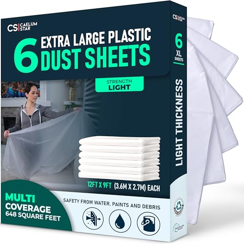 CS 6 Pack Extra Large Plastic Dust Sheets for Decorating 3.60 x 2.70 m (12x9 ft) Dust Sheets for Painting Clear Plastic Sheet Polythene Sheeting Painting Tools Decorating Tools Home Improvement