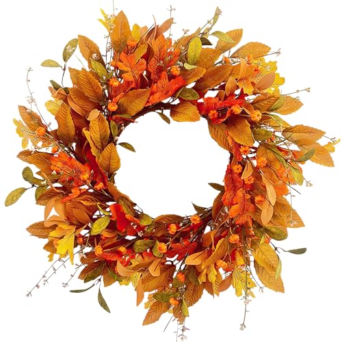 Betylifoy Autumn Wreath 24inch Autumn Door Wreath Pumpkin Wreaths Front Door Wreath Fall Wreath Decorations for Halloween Thanksgiving Day Indoor Outdoor Window Wall Decor (Autumn-Orange)
