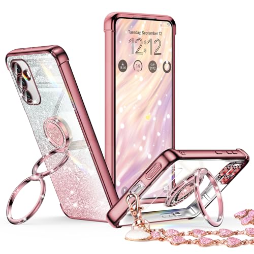 XYZ for Samsung Galaxy S25 FE Back Cover Case with Stand, Galaxy S25 FE Case with Double Ring, Women Girls Bling Luxury Glitter Clear Phone Case Cover Heart for Samsung Galaxy S25 FE, Rose Gold