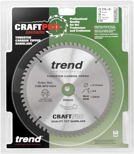 Trend Aluminium & Plastic Circular Saw Blade, 216mm Diameter, 30mm Bore, 64 Teeth, 2.8mm Kerf, -6° Hook, TCT - Image 2