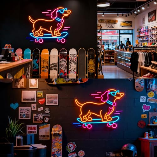Image of Dachshund Skateboarding Neon Sign, Skateboard Dog Neon Signs for Wall Decor Cool LED Wall Art Decor, Dimmable Dog Lover Gift for Living Room, Bar, Shop, or Birthday Party (Orange Dachshund)
