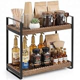 Coffee Station Organizer, 2 Tier Wooden Shelf for Coffee Bar Accessories with Multi-Functional, Farmhouse CoffeeBar Decor for Tea Bags Pods Syrup Kcup, Condiment Caddy for Kitchen Home Office, Brown