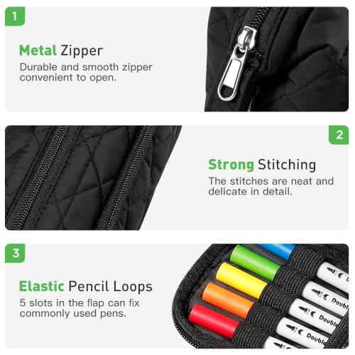Image of Zannaki Soft Quilted Large Pencil Pouch Organizer with Wide Opening for Boys Girls Teens - Extra Big Capacity Pen Pencil Bag with Zipper, Portable Pencil Case Box for School, College, Cosmetic Gift