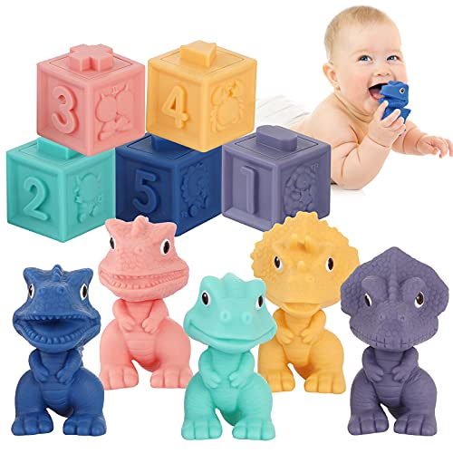 Image of Baby Soft Blocks, Stacking Building Blocks, Teething & Squeezing Dinosaur Toys for Babies, Montessori Blocks with Numbers Animals Fruits, Soft Baby Toy for Baby Infants Toddlers Age 6 to 12 Months Up.