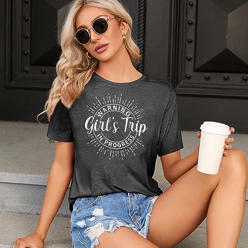 Image of Women's Casual Warning Girls Trip in Progress T-Shirt Casual Crewneck Short Sleeve Graphic Tee