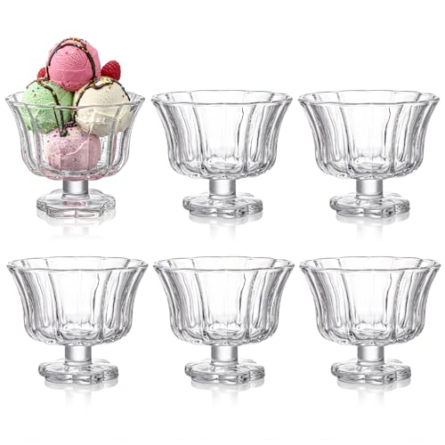 Peohud 6 Pack Glass Dessert Bowls, 8 Oz Vintage Footed Ice Cream Cups for Sundae, Sorbet, Yogurt, Pudding, Fruit, Snack, Parfait, Party, Holiday Serving, Home, Kitchen, Flower Petal Style