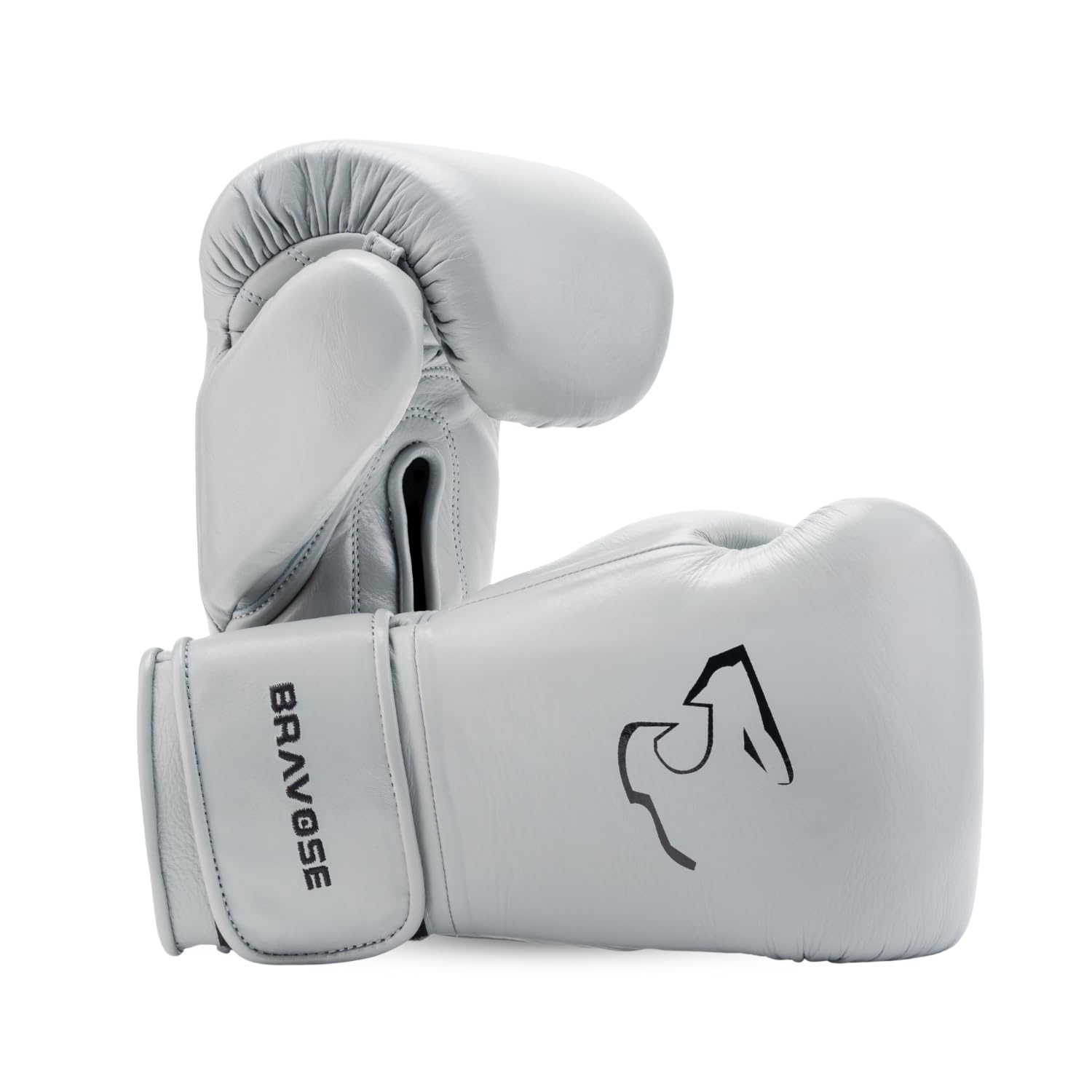 BRAVOSE Elite Pro Strap Boxing Gloves | Professional Leather Boxing Gloves for Punching Training, Sparring, MMA Kickboxing, Muay Thai Made By Premium Cow Hide Leather (Grey, 10 Oz)