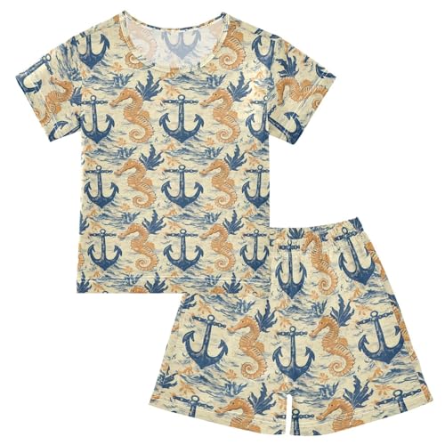 ALAZA Anchor Seahorse Pajama Set Short Sleeve Sleepwear Soft Lounge Nightwear