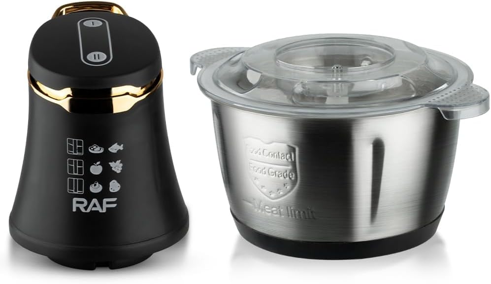 Assembled RAF R.7031 Food Processor with dimensions: 27cm height, 22cm width, 12cm depth.