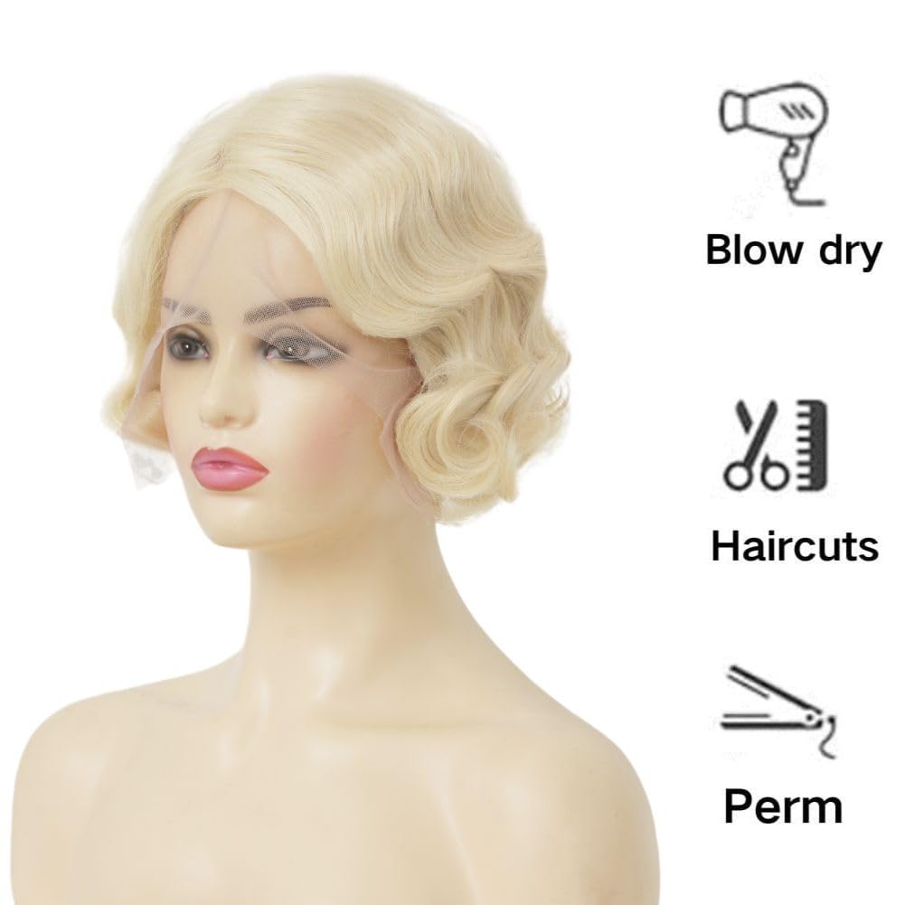 Blonde Finger Wave Lace Front Wigs for Women 1920s Short Curly Wig Synthetic Heat Resistant Halloween Cosplay Costume Hair Wig - Image 3