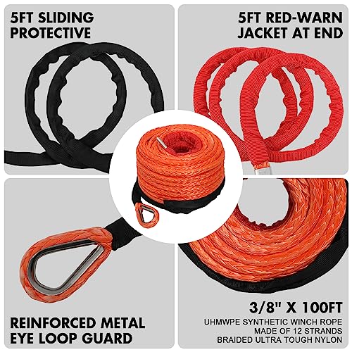 ZESUPER 3/8" x 100ft Synthetic Winch Rope Dyneema 12 Strand Winch Cable Car Tow Recovery Cable Winch Line Recovery Kit Winch Replacement Cable 26500 lbs for 4WD Off Road Vehicle Truck SUV Jeep(Gray) - Thumbnail 2