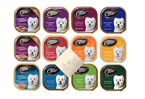 Cesar Canine Cuisine Huge Variety Pack – 12 Total Flavors: Filet Mignon, Porterhouse Steak, Beef, Chicken & Beef, Lamb, Turkey, Filet Mignon, and More - Plus Pet Paws Notepad - (12 Cans Total)