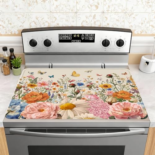 Image of Retro Floral Stove Top Cover for Electric Stove, Wild Flowers Range Covers for Electric Stove, Rubber Dish Drying Mat, Glass Cooktop Covers, Flat RV Range top Mats, 28 inchx20 inch