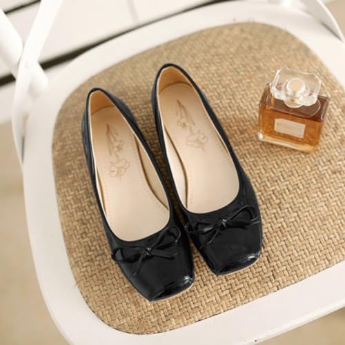 Women's Girls Bowtie Ballet Flats Square Toe Comfort Slip On Patent Leather Ballerina Dress Walking Shoes4