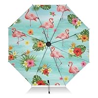 GAIREG Tropical Flowers Pink Flamingos Green Compact Umbrella, Lightweight Durable Automatic Open/close Umbrella for Women, Travel Umbrellas for Rain and Sun