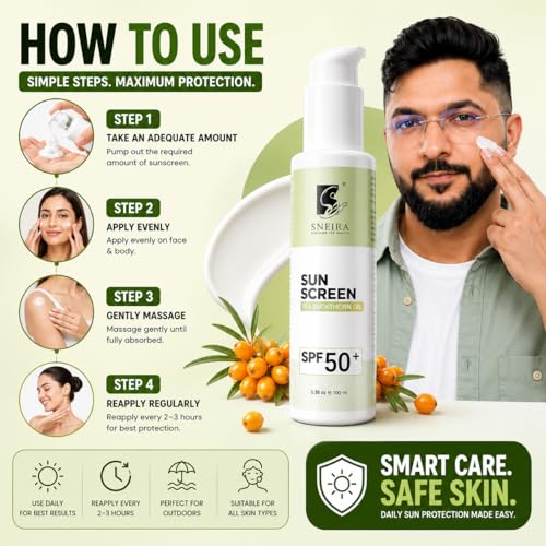 Image of Sea Buckthorn Oil Sunscreen SPF 50+ 100ml | Broad Spectrum UVA UVB Sun Protection for Face-Body |Fast Absorbing No White Cast Sunscreen | Water Resistant Daily Use for All Skin| Men-Women