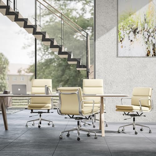 Image of Mid-Back Executive Genuine Leather Office Chair, with Aluminum Arms and 5-Star Base, Modern Rolling Desk Chair with Silent Wheels, Lumbar Support, High-Adjustable, Tilting for Home & Office