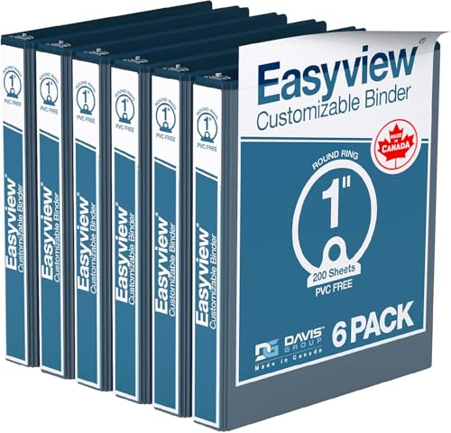 Image of Easyview Premium 3-Ring Binders with Clear-View Covers and Round Rings, Binders for School or Office, 1 Inch, Pack of 6, Navy Blue