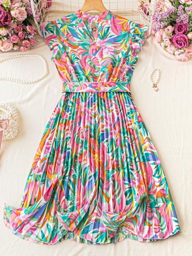 Image of SISKIN Summer Dresses for Women 2025, Boho Elegant Weeding Party Beach Resort Dresses for Women 2025 Casual Spring, Floral Multicolor Ruffle High Neck Midi A-line Pleated Belt Dress Green M