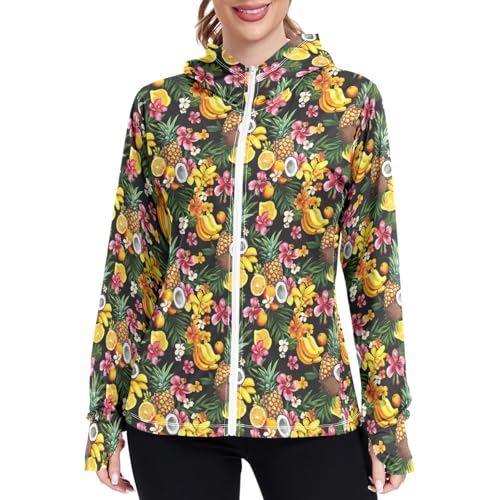 Tropical Fruits with Flowers Sun Protection Hoodie Jacket for Women Lightweight Womens Zip Up Jackets UPF 50+