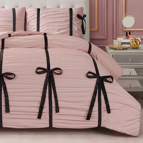 Juicy Couture Light Pink Amelie Velvet Bows Ruched Queen/Full Comforter Set - 3 Piece Stylish Bedding Ensemble