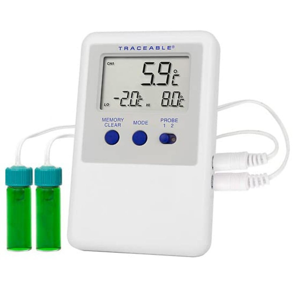 Cole-Parmer TRACEABLE Ultra™ - Termómetro para refrigerador/congelador con calibración; 2 sondas para botellas de vacunas