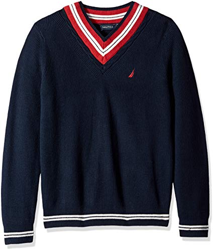 Nautica Men's Long Sleeve Cable Tipped V-Neck Sweater, Navy, Large