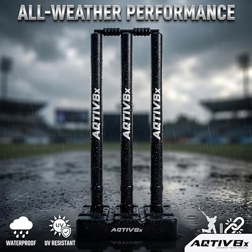 Image of Plastic Cricket Wicket Set Full Size with 1 Base, 2 Bails & 3 Wickets (Black)