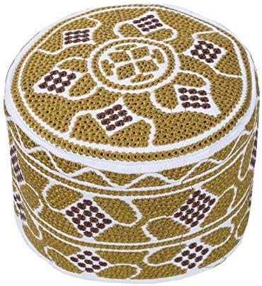 Merewill Premium Original Hand Embroidered African Kufi Hat Arabic Prayer Cap Beanie Gold