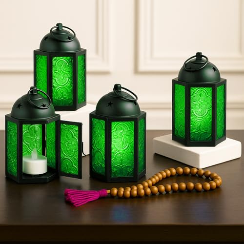 Mini Farol marroquí de Metal pequeño de 4,5 Pulgadas, portavelas Decorativo para centros de Mesa, decoración Interior del hogar, Patio al Aire Libre, Bodas, Verde, Juego de 4