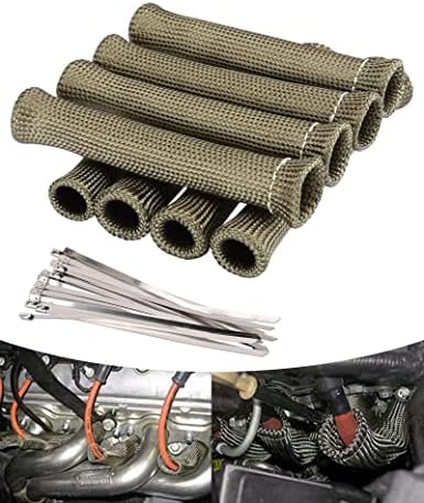Spark Plug Wire Heat Shield Spark Plug Wire Boots Heat Shield Protector Sleeve 2500 Degree Spark Plug Heat Cover Wrap 6 Inch for SBC BBC 350 454 8PCS with 16pcs Stainless Steel Wire Ties (Titanium)