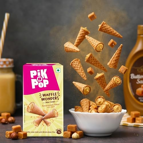 Image of Pik n Pop Butterscotch Mini Waffle Cones 70g (Pack of 2), Crispy Cones with Creamy Butterscotch Filling & Chunks, Whole Wheat, Non-Meltable Ready-to-Eat Snack, 100% Eggless