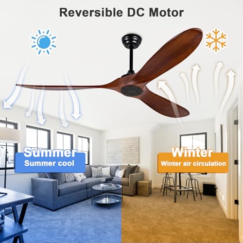 Image of 60 inch Ceiling Fan [No Light with Remote Control], Indoor Outdoor Ceiling Fan [with 3 Wooden Blades] for Patio, Living Room, Bedroom, Office, Farmhouse. Black + Walnut Color.