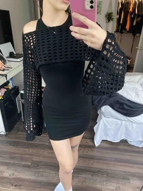 Image of Womens Crochet Shrug Y2K Hollow Out Bolero Shrug See Through Cropped Knit Sweater Top(Black,XL), X-Large