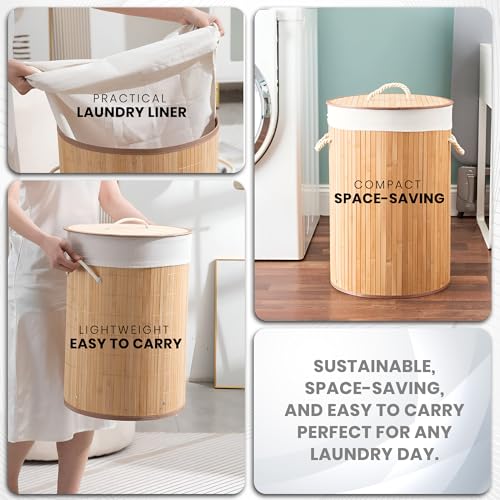 Image of iBELL Foldable 72 Litre Round Bamboo Laundry Basket with Lid | Travel Essential cloth basket | Solid Laundry Basket | Toy storage organiser |(35.5L x 35.5W x 57H)