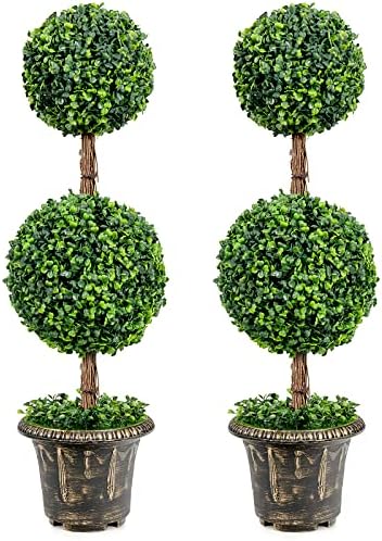 Goplus 3 FT Artificial Boxwood Topiary Tree - Fake Ball Tree With Cement Pot For Indoor Outdoor Decor