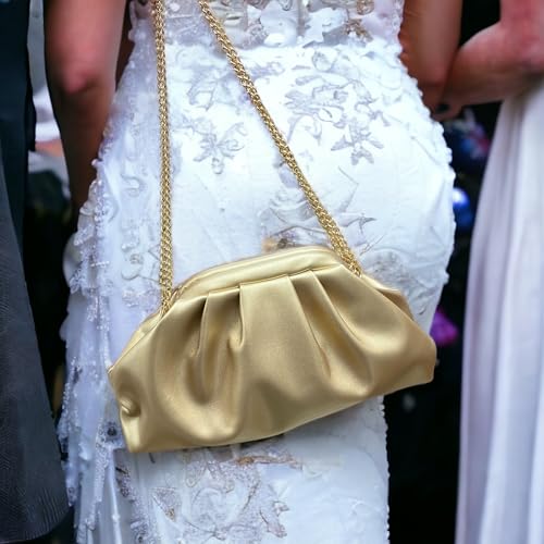 Image of Women Cloud Bag Slouchy Clutch Ruched Purse Evening Handbag with Chain Shoulder Bag for Wedding Party Prom