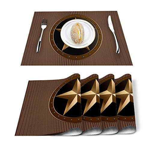 Western Texas Star Placemats Cotton Linen Heat Resistant Table Mats Set of 4 Non-Slip Washable Placemat for Thanksgiving Halloween Christmas Holiday Dining Kitchen Decor Brown Wood Barn Print